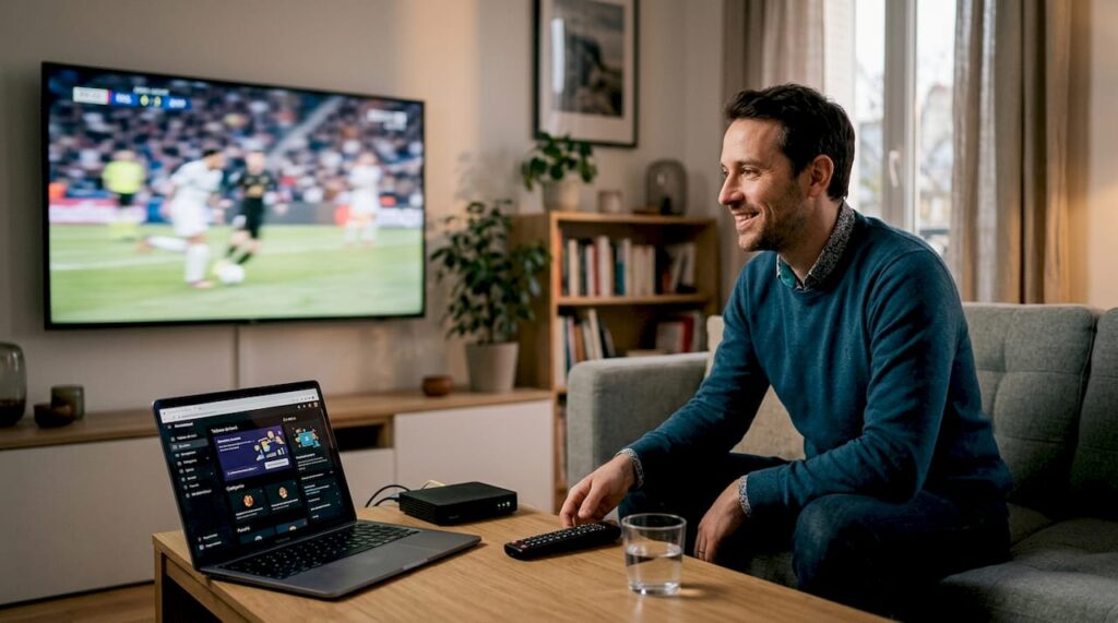 Un homme profite d’une soirée tranquille dans son salon, confortablement installé devant sa télévision IPTV.
