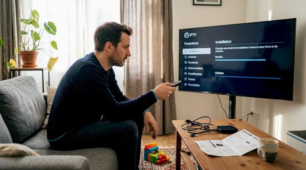 Un homme installe son système IPTV dans le salon.